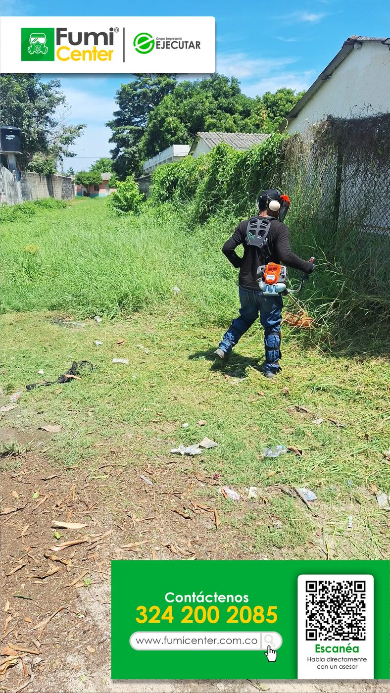 Operario de FumiCenter cortando maleza alta con guadaña en el patio de una casa en Santa Marta