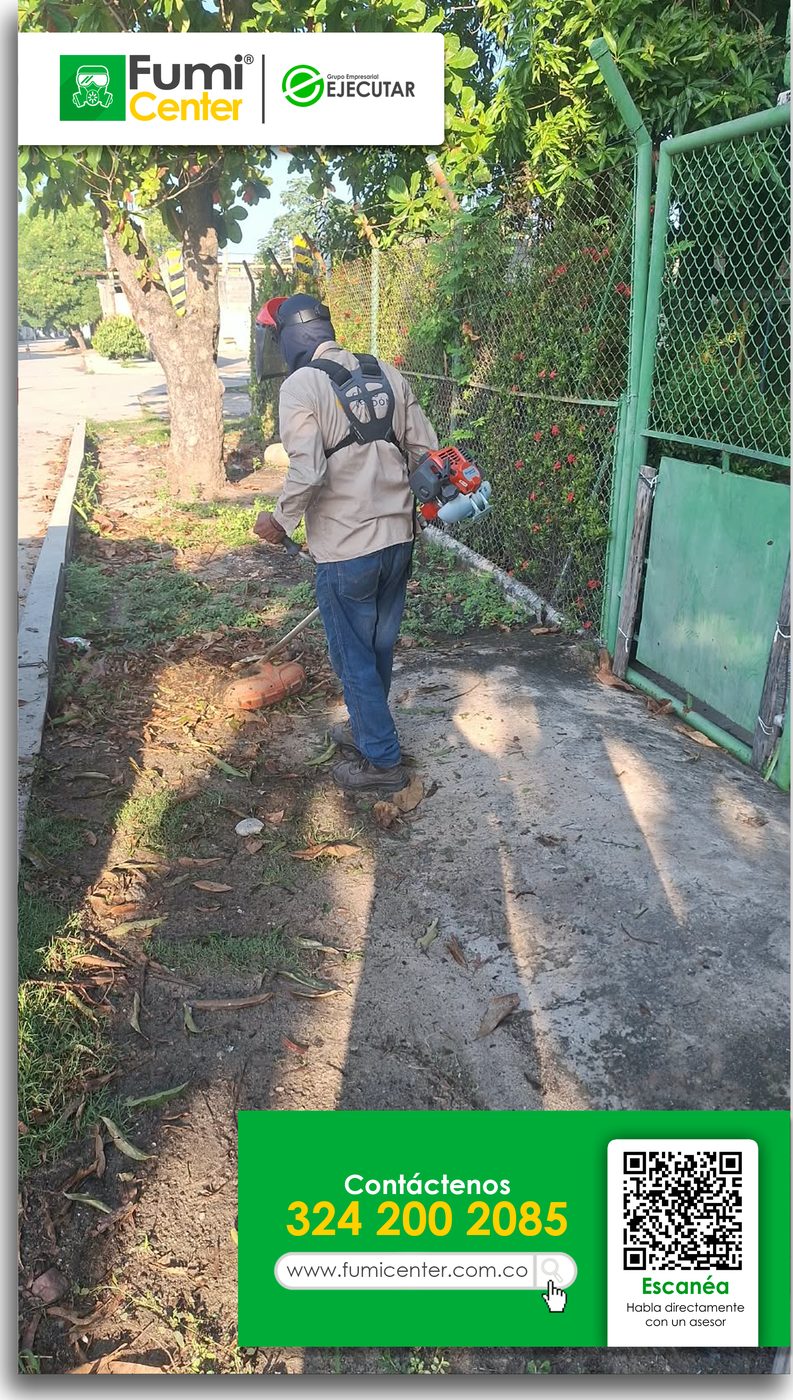 Operario de FumiCenter cortando maleza con guadaña en el andén de una vivienda con reja verde en Santa Marta